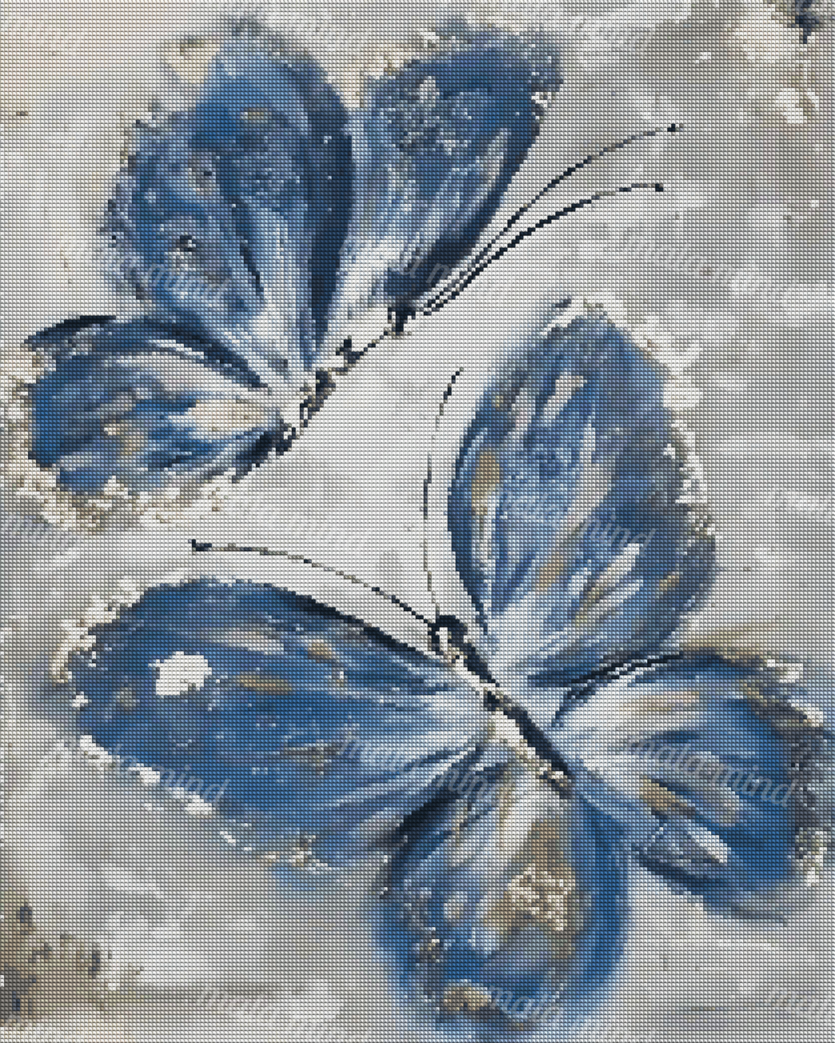 Two blue butterflies with black antennae on a textured gray, white, and gold abstract background — 04_diamond_render