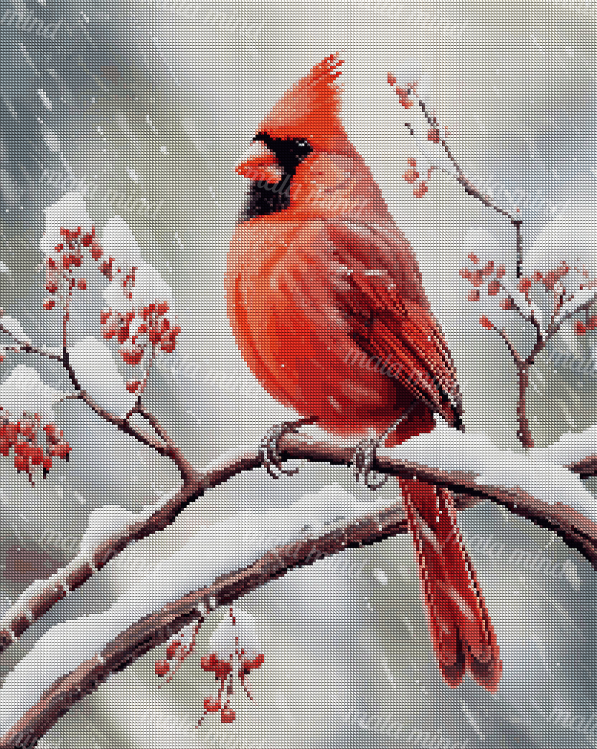 Red cardinal perched on snowy branches with red berries as snow falls against a soft gray background. — 04_diamond_render