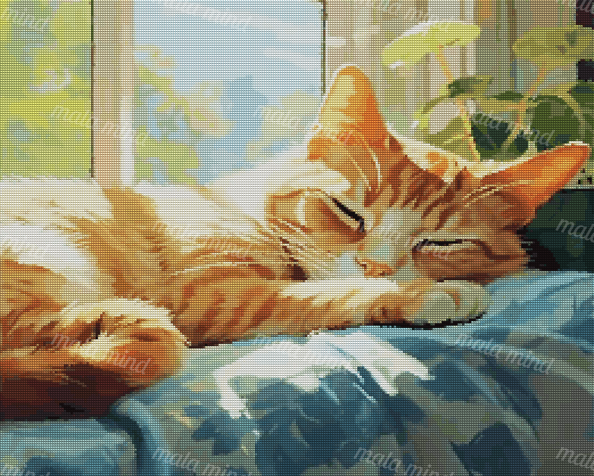 Sleeping orange-and-white tabby cat on a blue blanket in a sunlit room with houseplants — 04_diamond_render