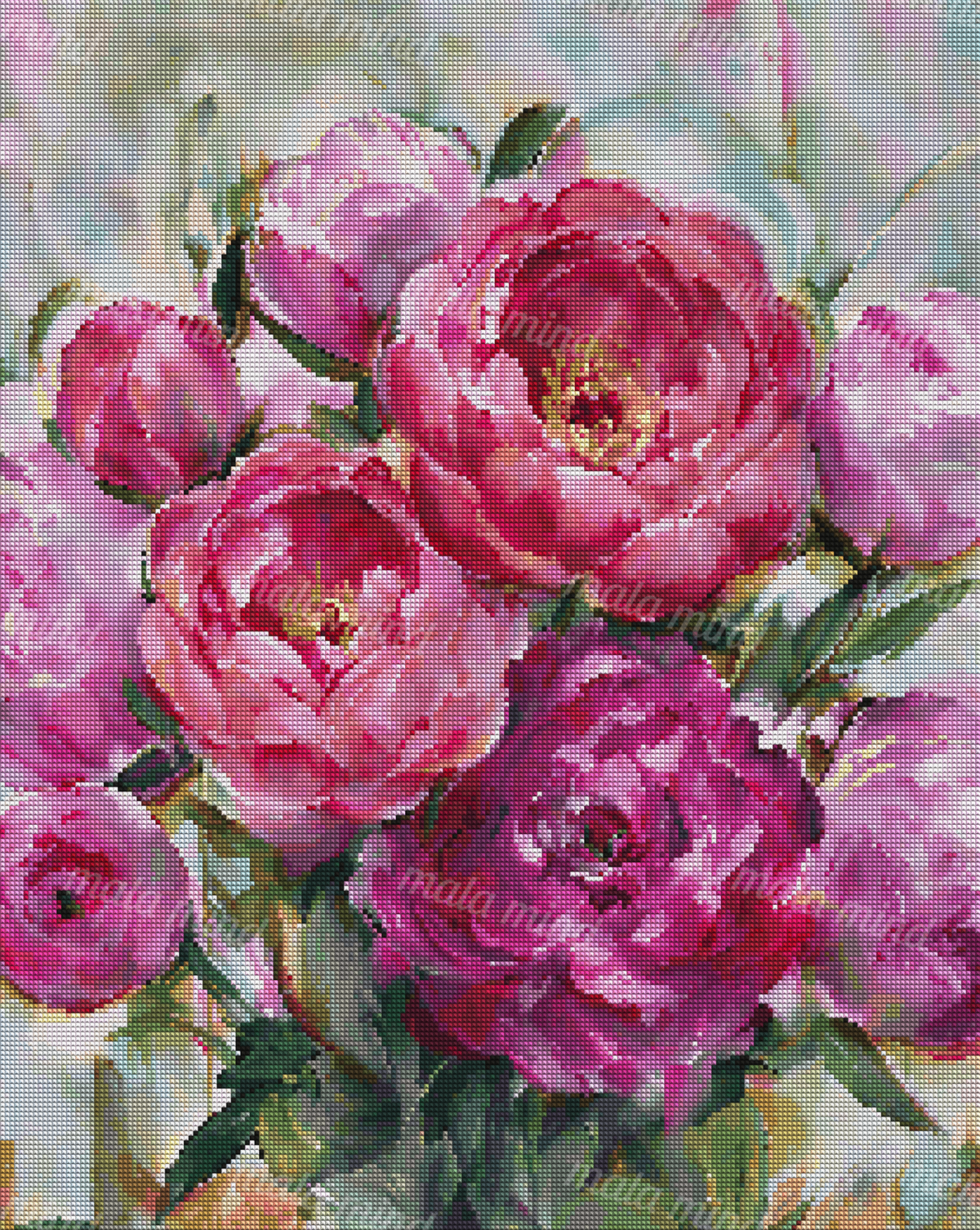 Painterly close-up of pink and magenta peonies with yellow centers and green leaves. — 04_diamond_render