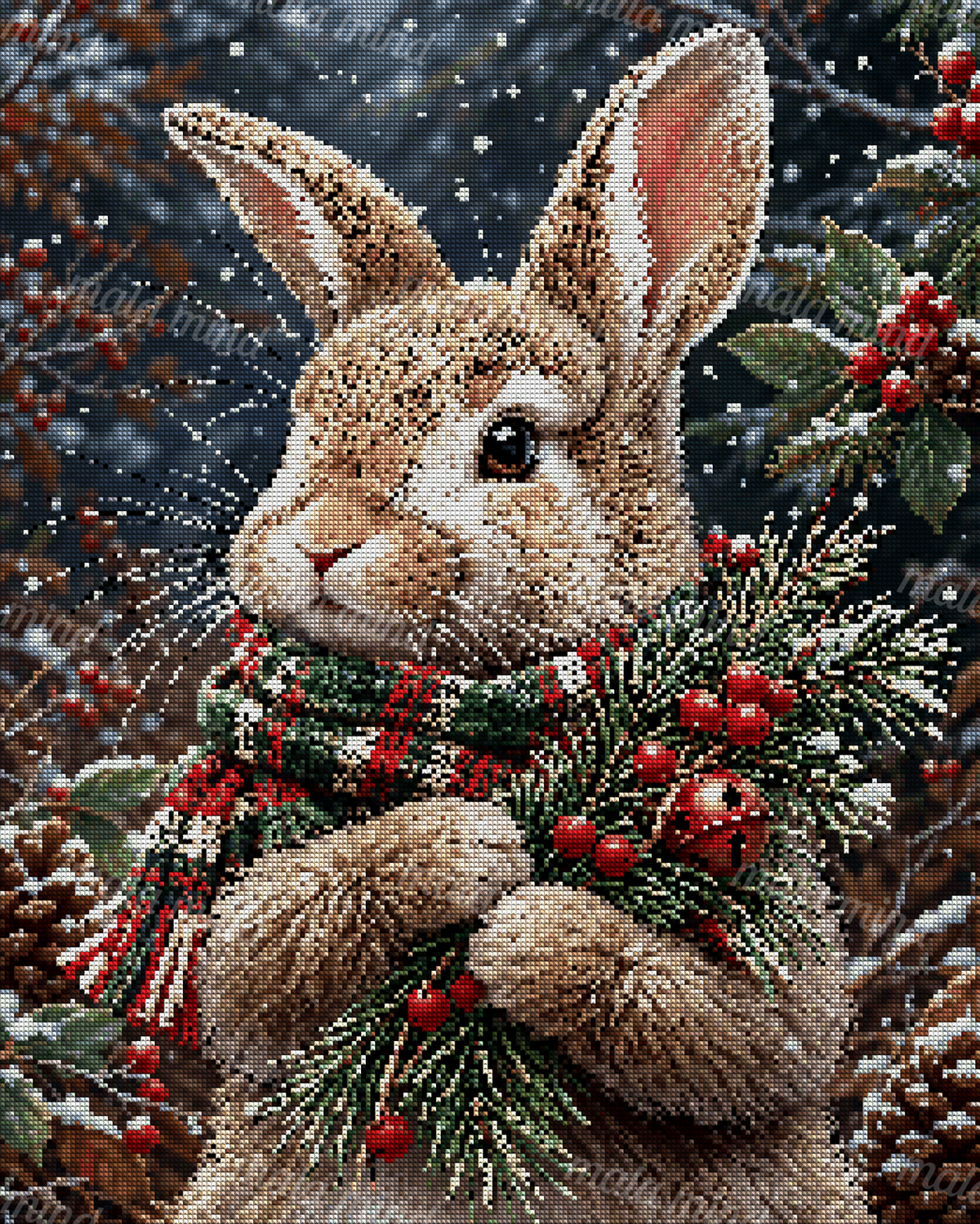 Brown rabbit wearing a red and green scarf among snowy evergreens, berries, pine cones, and a red bell. — 04_diamond_render