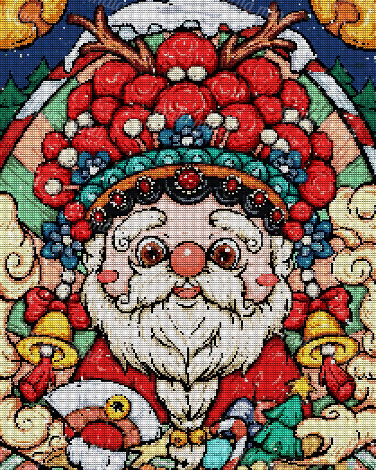 Colorful cartoon Santa portrait with a white beard, red berries, evergreen branches, bells, and winter decorations — 04_diamond_render