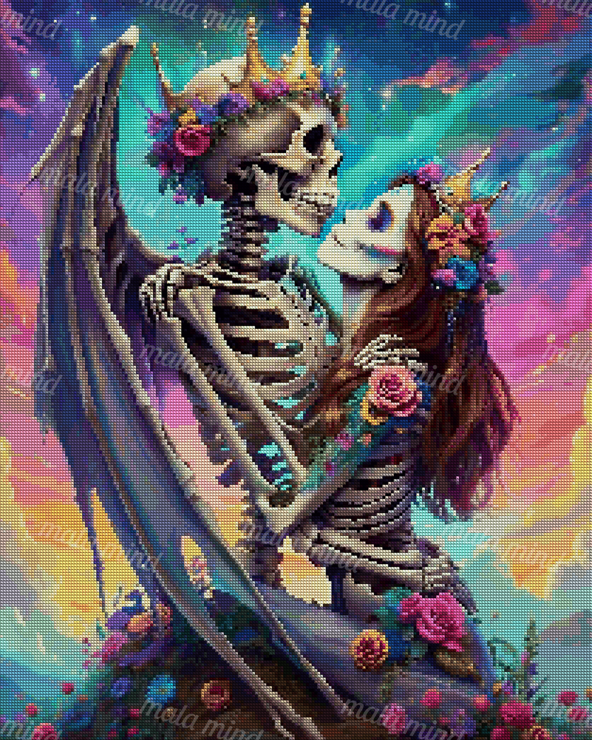 Crowned winged skeleton embracing a flower-adorned skeleton beneath a colorful starry sky — 04_diamond_render