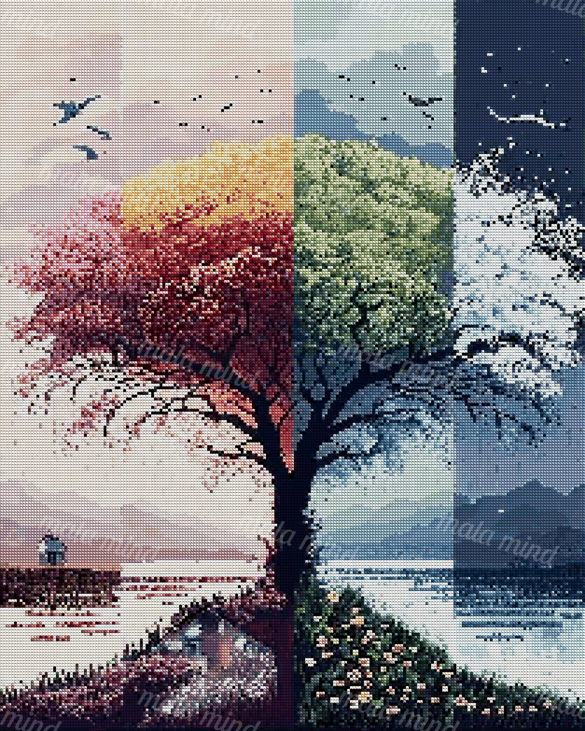 Central tree across four seasonal landscape panels with birds, mountains, water, and a starry night sky — 04_diamond_render