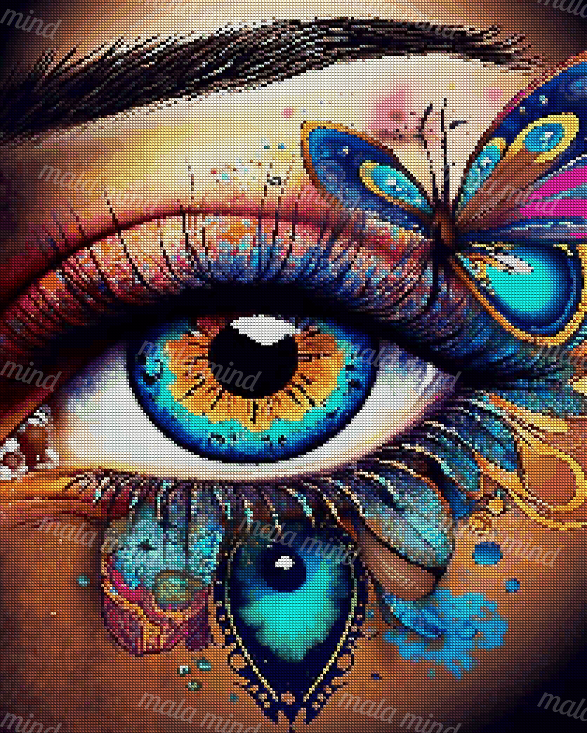 Surreal blue and orange eye with a colorful butterfly and ornate facial patterns — 04_diamond_render