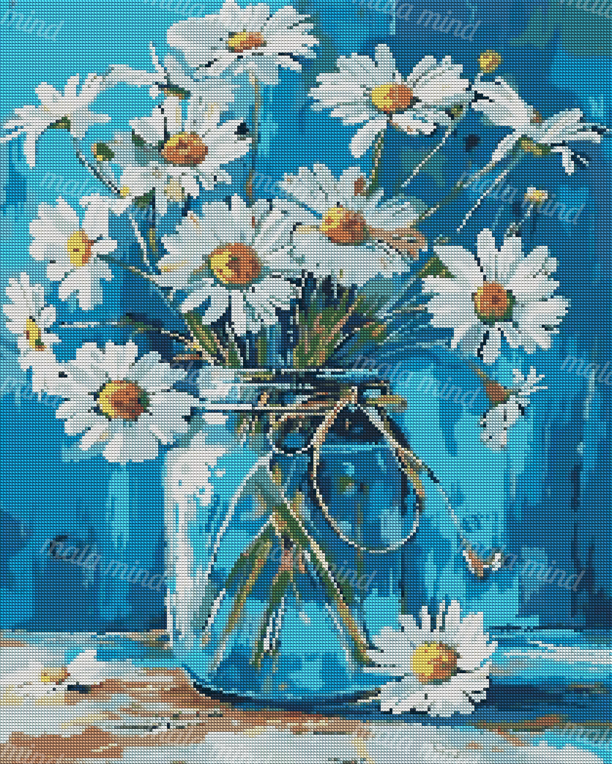 Painterly bouquet of white daisies in a blue glass jar on a textured blue tabletop — 04_diamond_render