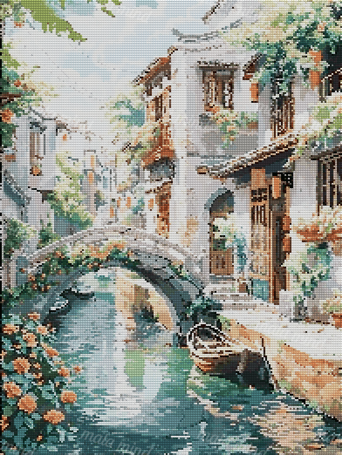Flower-lined canal village with white buildings, an arched bridge, and small boats on reflective water — 04_diamond_render