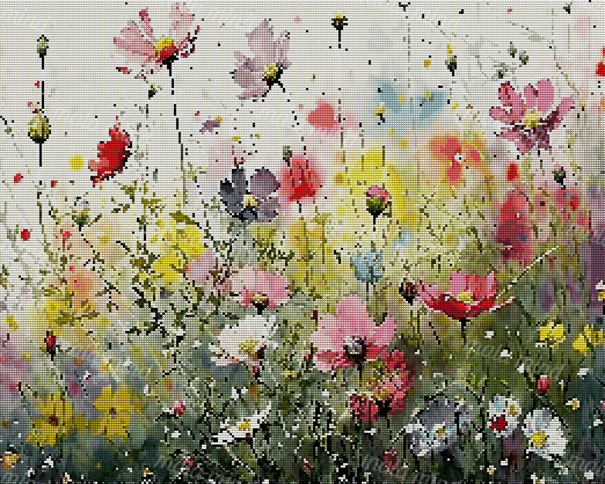 Watercolor-style meadow filled with colorful wildflowers, tall stems, grasses, and scattered paint splashes. — 04_diamond_render