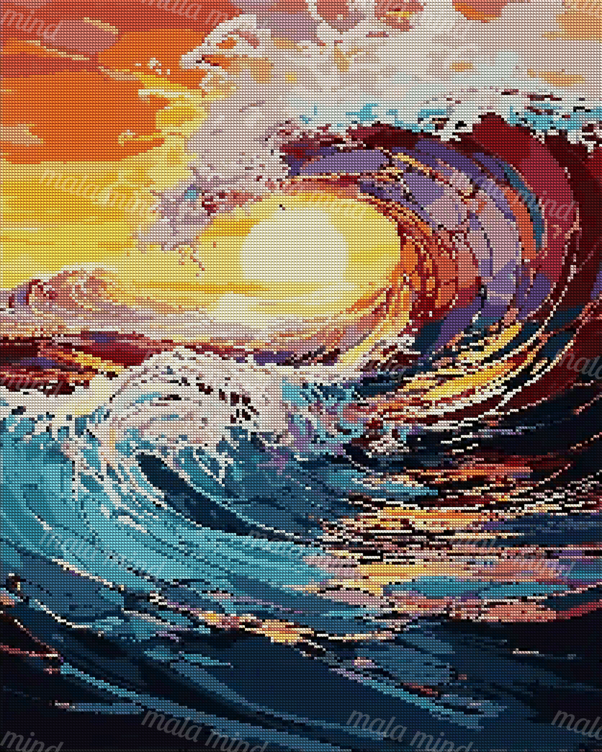 Stylized curling ocean wave with foamy water and a glowing sunset in deep blue and coral tones. — 04_diamond_render