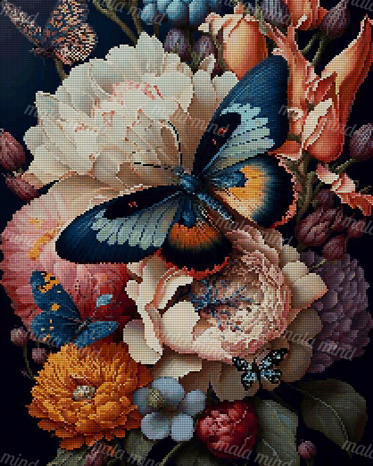 Blue-black butterflies resting among layered cream, coral, orange, and pink flowers on a dark background. — 04_diamond_render