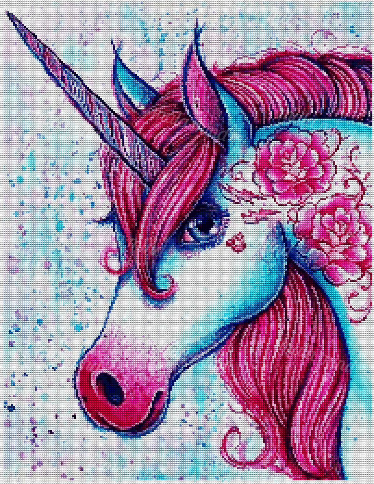 Colorful blue unicorn portrait with a pink mane, spiraled horn, flowers, and a splattered pastel background — 04_diamond_render