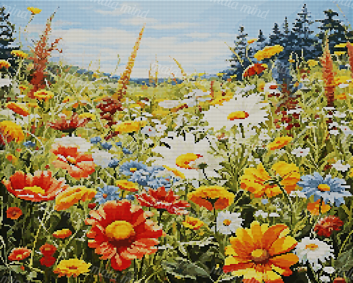 Colorful wildflower meadow with large daisies, evergreen trees, distant hills, and a blue cloudy sky — 04_diamond_render