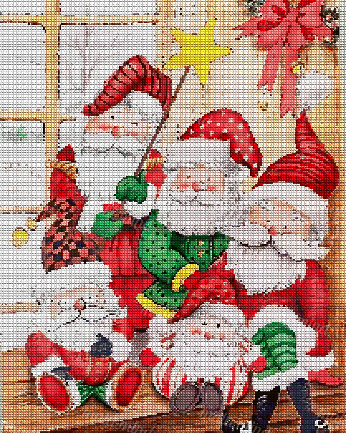 Five colorful Santa figures gathered in a decorated wooden room with a yellow star and red bow — 04_diamond_render