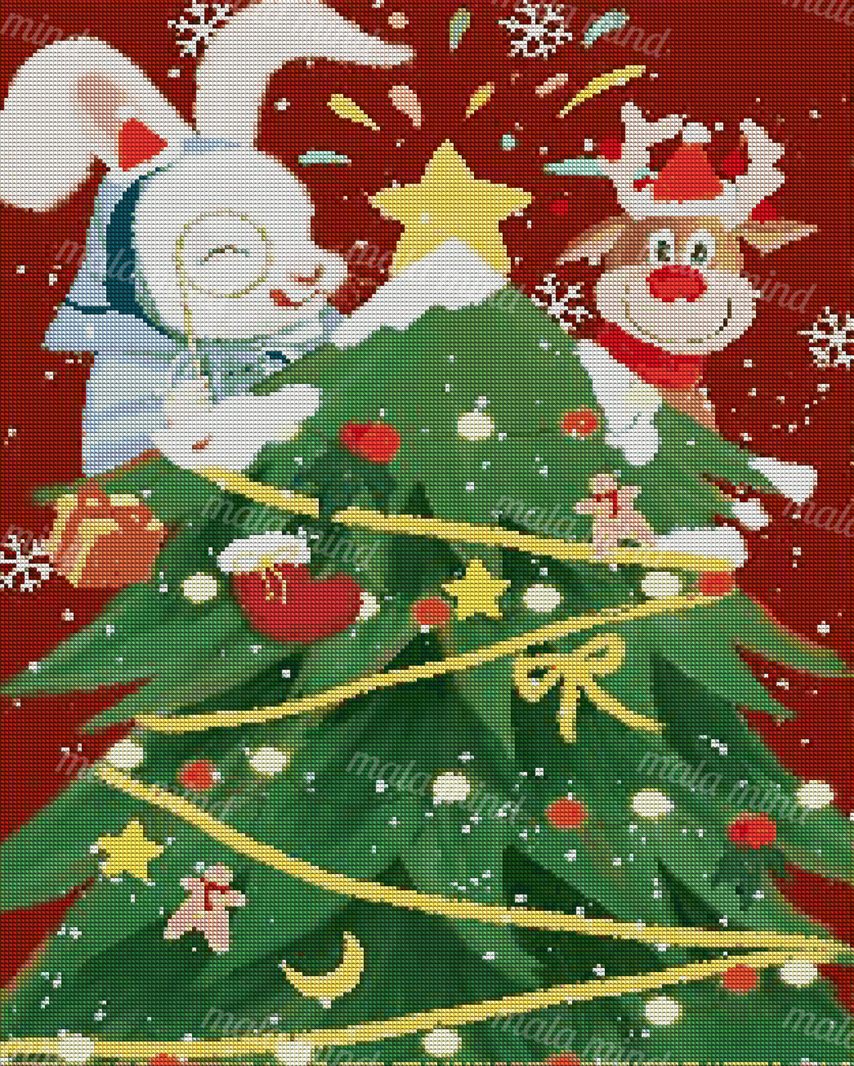 Cartoon Christmas tree with yellow garlands, a white animal, reindeer, gifts, ornaments, and snowflakes — 04_diamond_render