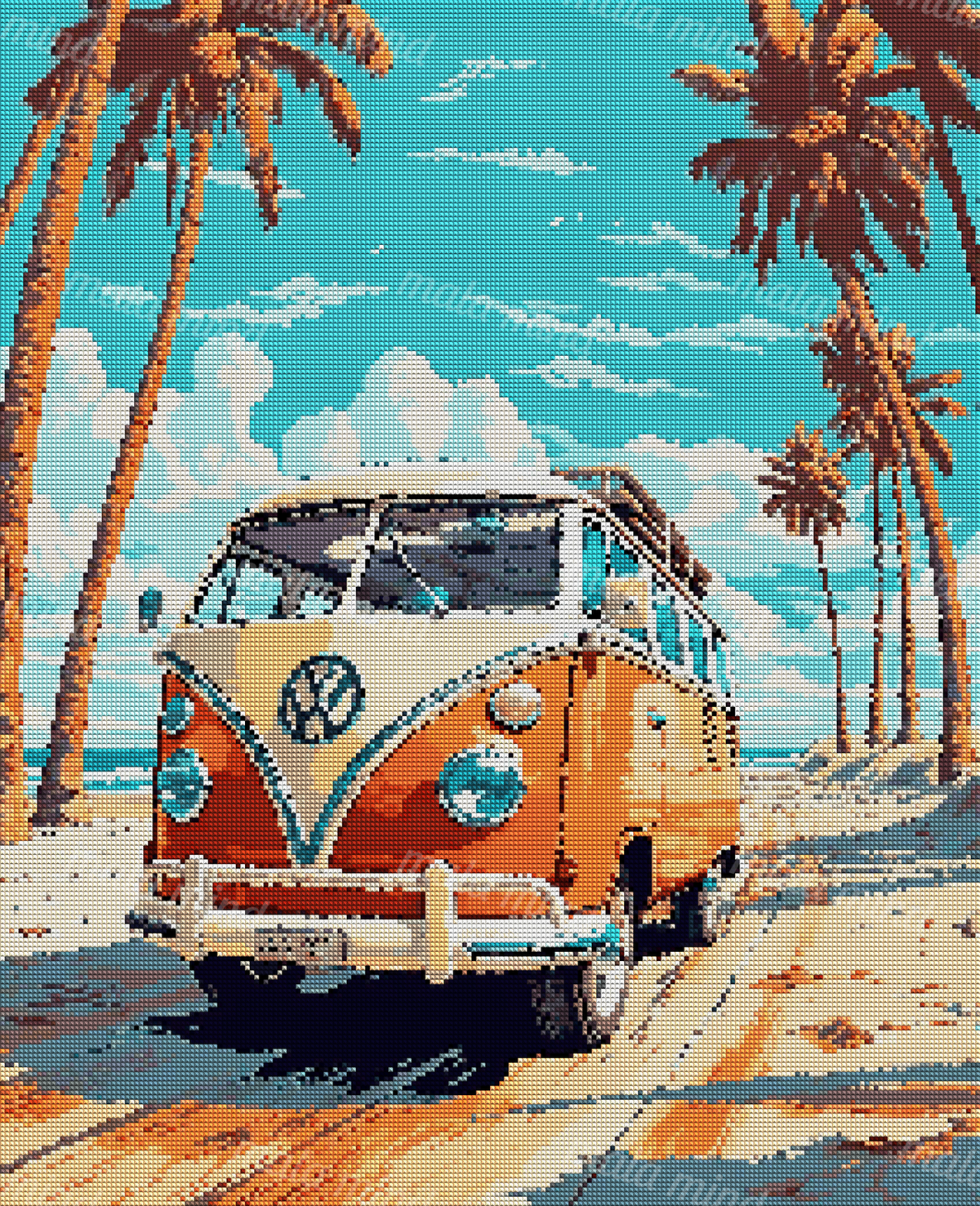 Orange-and-cream vintage van on a sandy tropical road lined with palm trees beside the ocean — 04_diamond_render