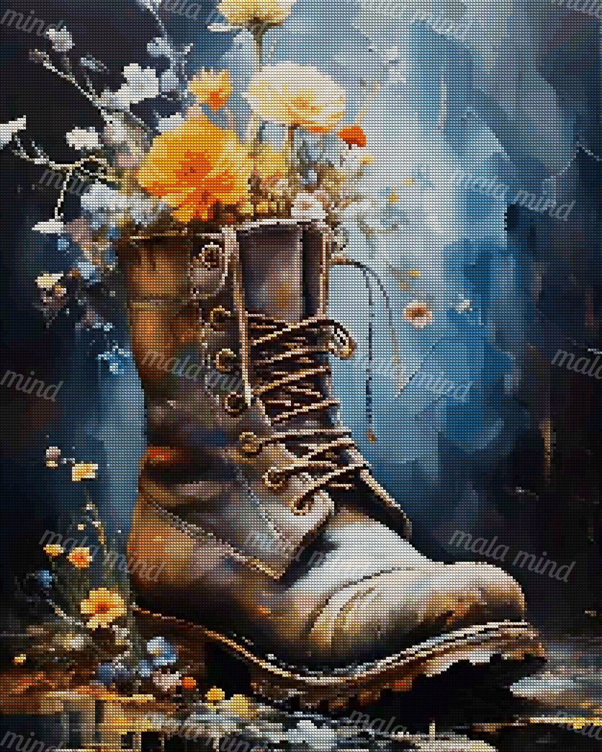 Worn brown lace-up boot filled with orange and mixed wildflowers above a reflective blue surface — 04_diamond_render