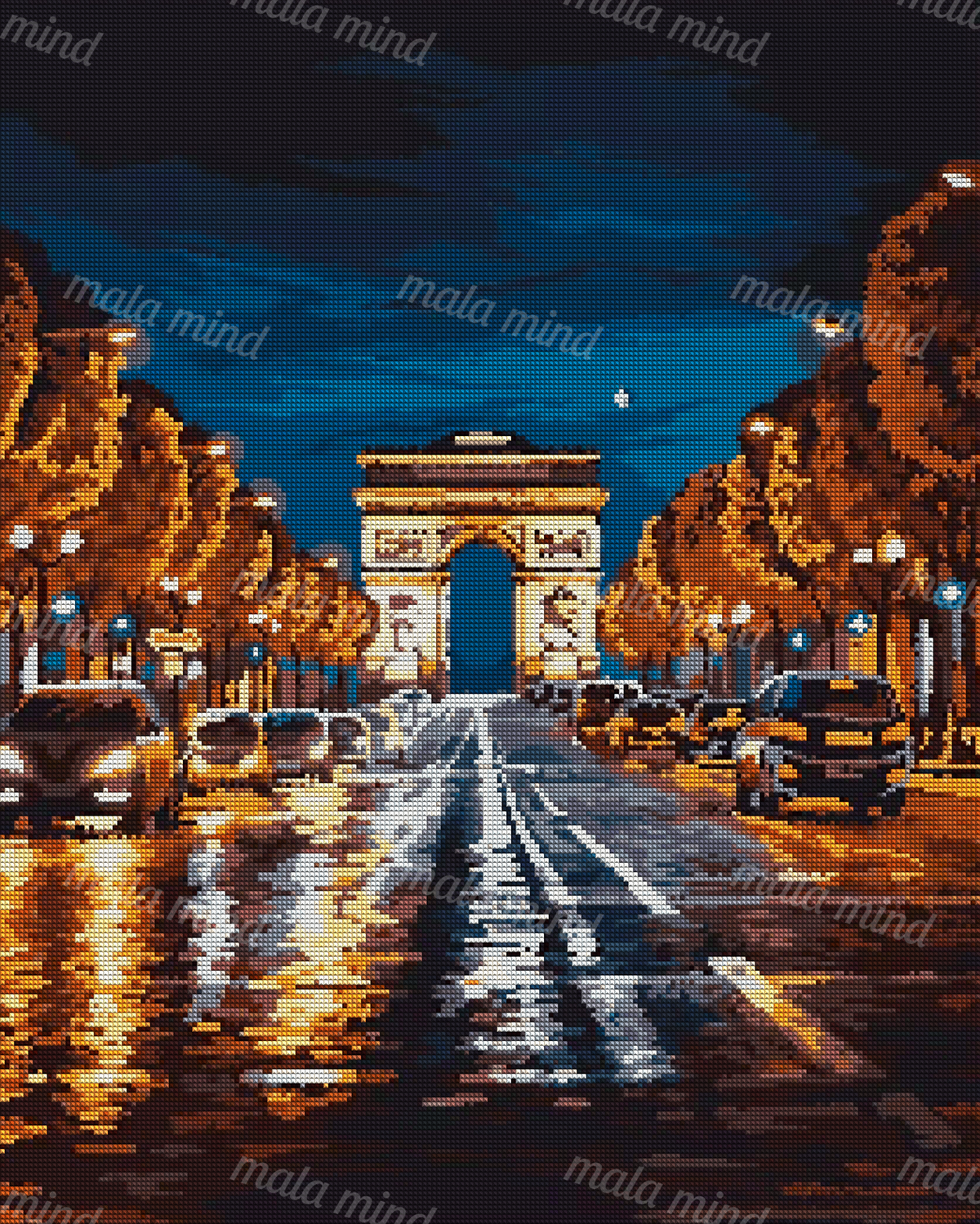 Stylized rainy nighttime boulevard with cars and autumn trees leading to the Arc de Triomphe. — 04_diamond_render