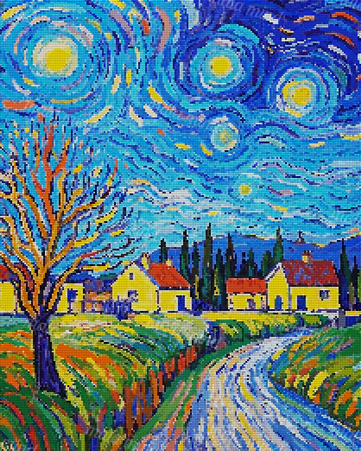 Expressive rural village with yellow houses, bare tree, fields, winding path, and swirling blue sky — 04_diamond_render