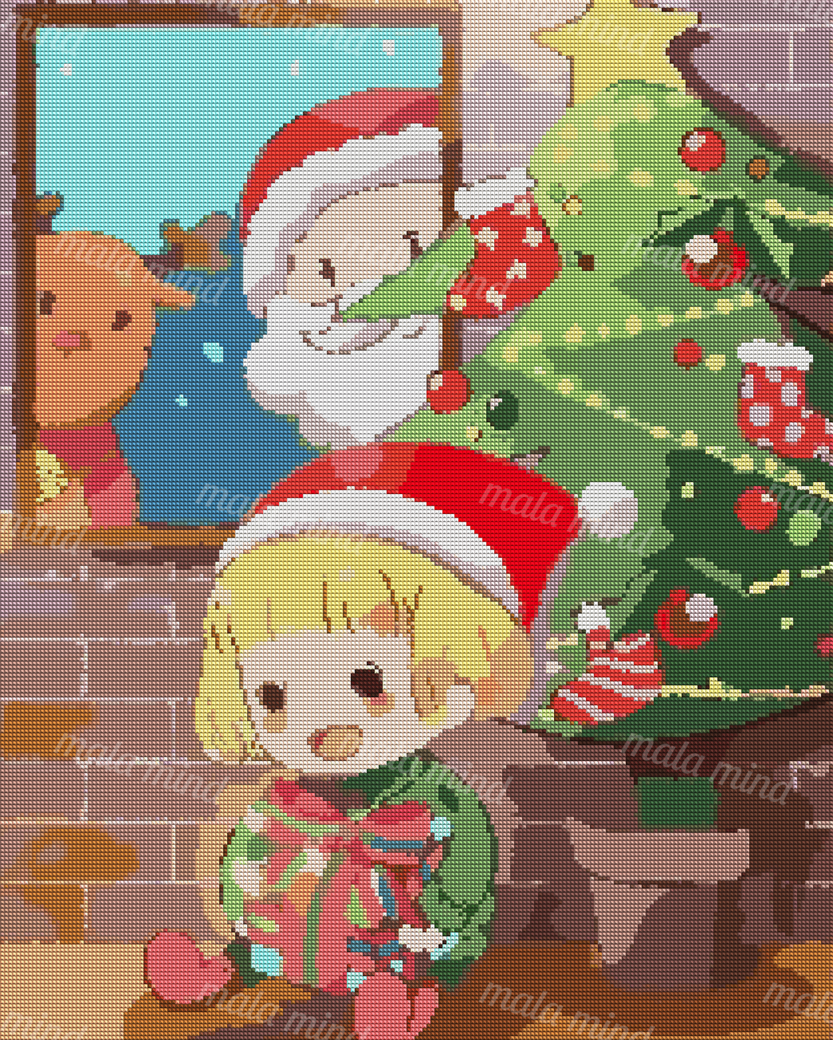 Cartoon child with a gift beside a decorated Christmas tree, with Santa and a reindeer behind a window — 04_diamond_render