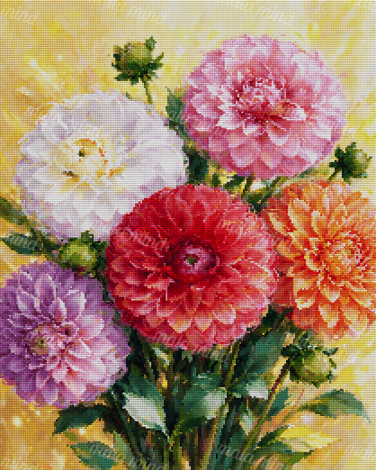 Painterly bouquet of pink, white, red, orange, and purple dahlias with green foliage on a golden background. — 04_diamond_render