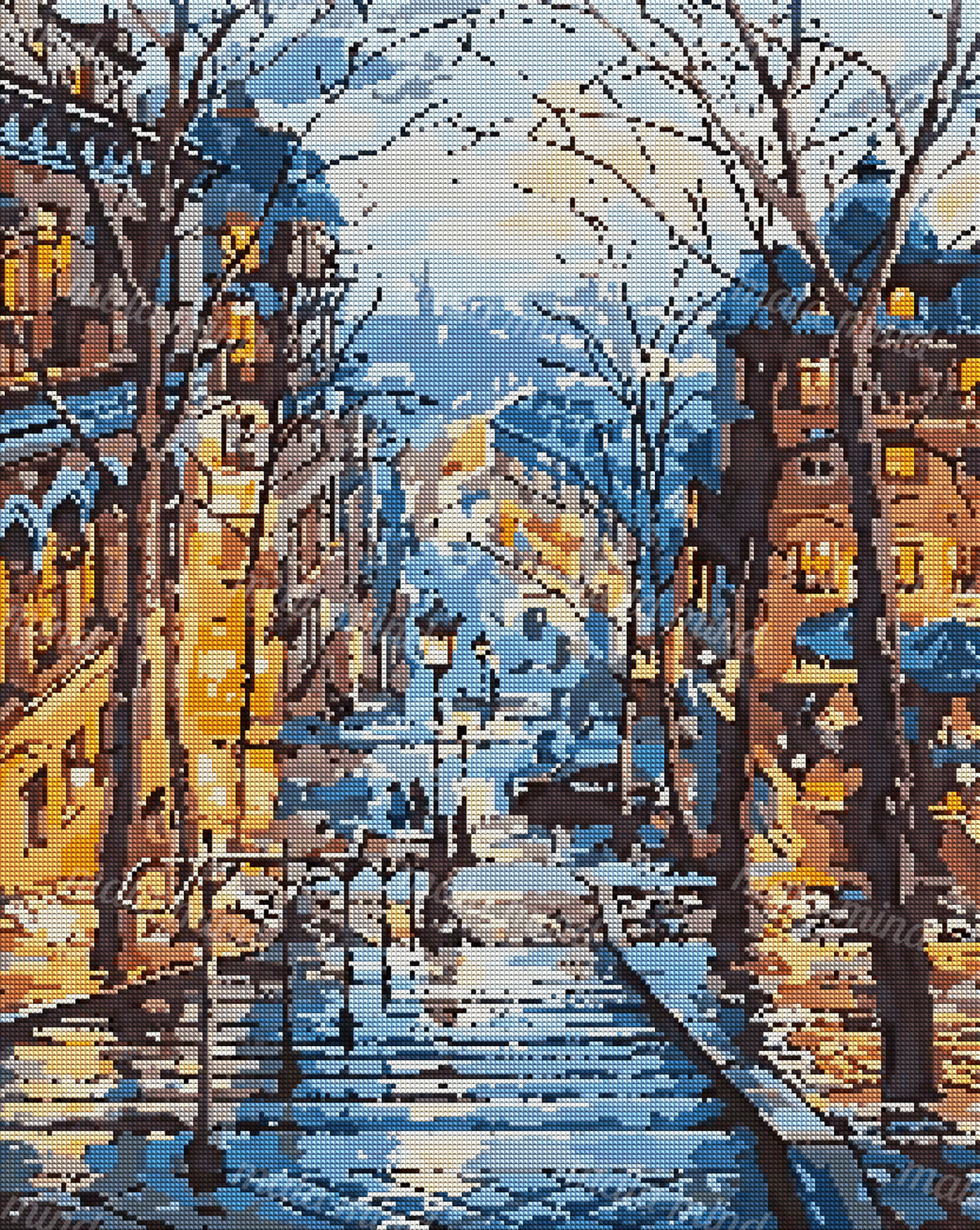 Stylized winter city street descending between blue-roofed houses, bare trees, street lamps, and glowing windows — 04_diamond_render