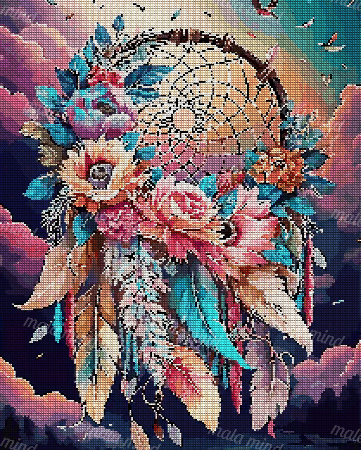 Colorful floral dreamcatcher with hanging feathers, birds, flowers, leaves, and clouds — 04_diamond_render