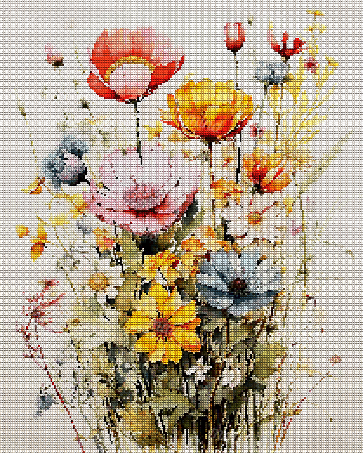 Watercolor-style bouquet of pink, orange, blue, white, and yellow wildflowers with green stems — 04_diamond_render