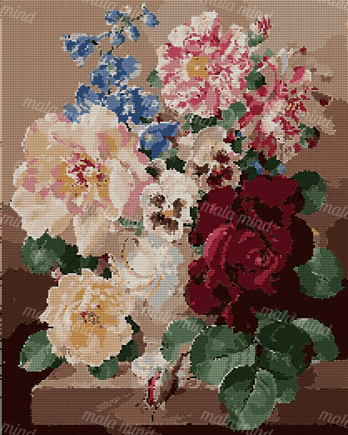 Colorful flower bouquet with blue, pink, cream, and burgundy blossoms against a brown background. — 04_diamond_render
