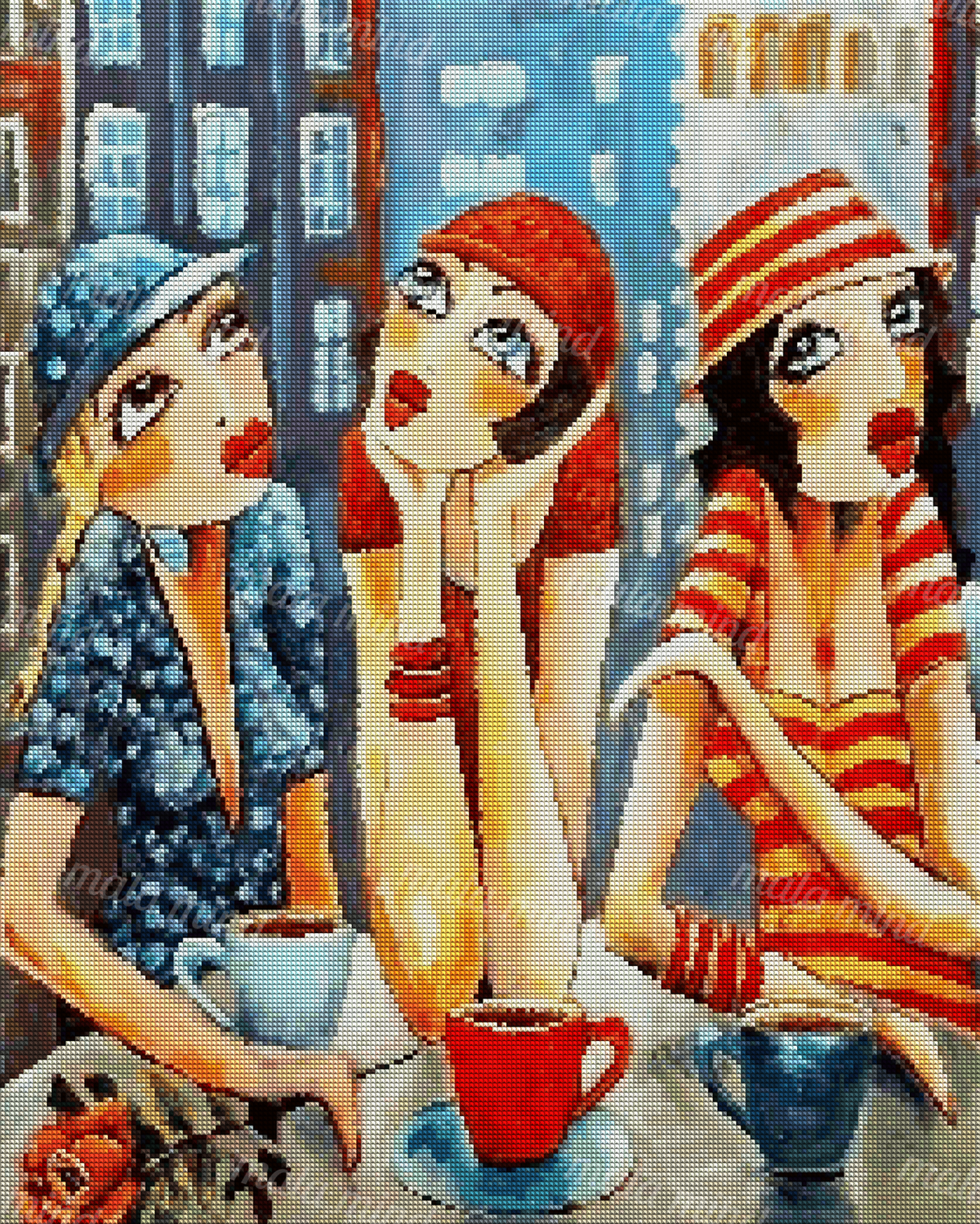 Three stylized women in colorful hats sit at a city café table with cups and saucers. — 04_diamond_render