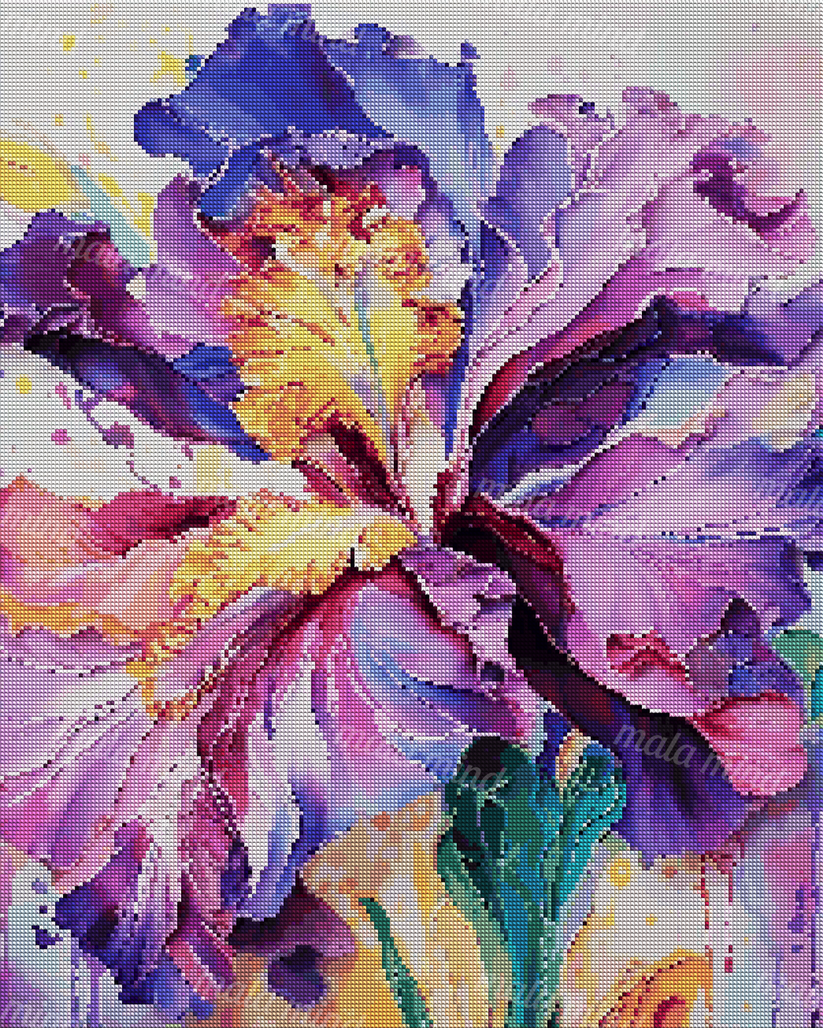 Abstract painting of large purple flowers with orange centers, green leaves, and colorful paint splatters — 04_diamond_render