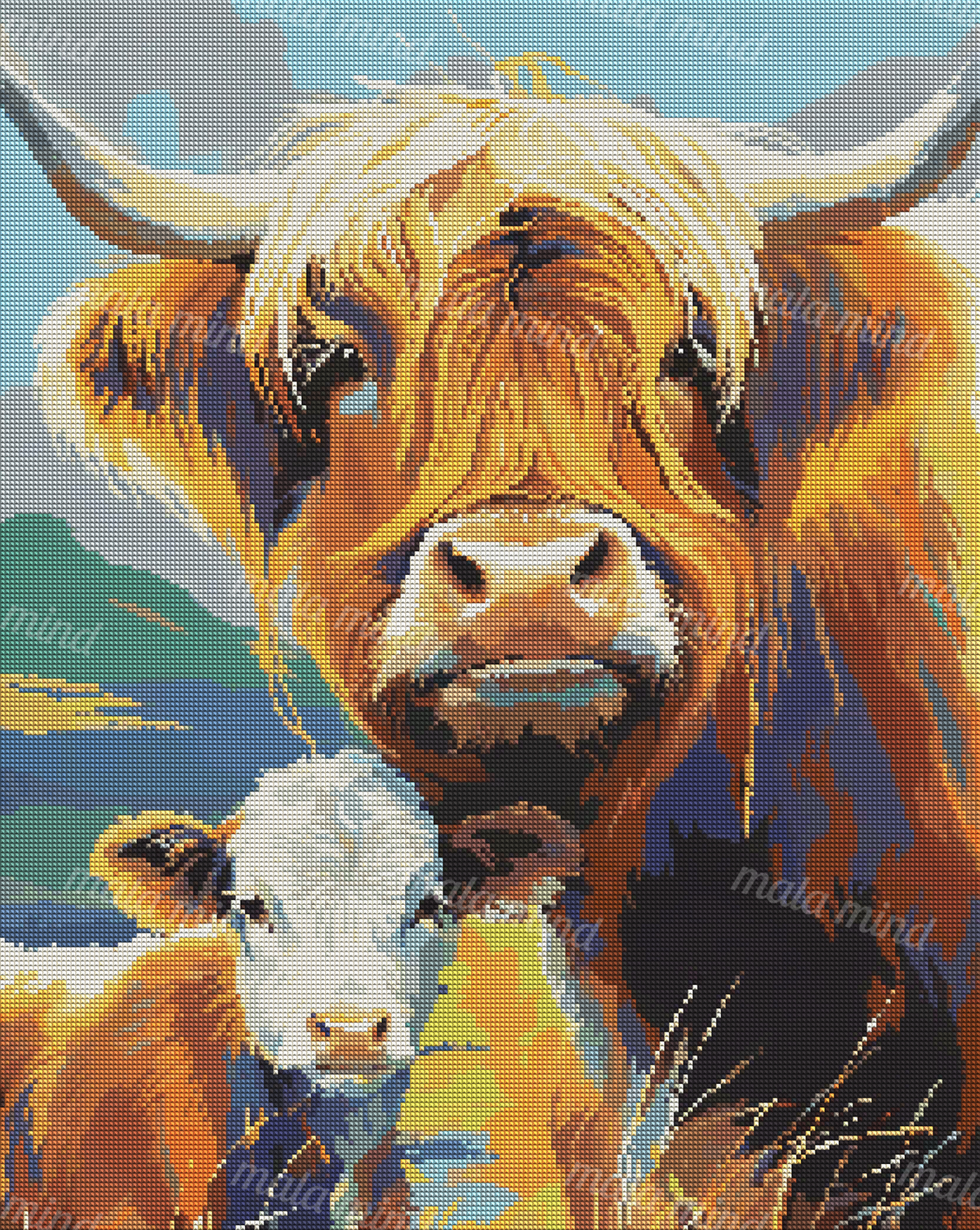 Stylized orange-brown longhorn cow with broad horns beside a white-faced calf in a pastoral landscape — 04_diamond_render