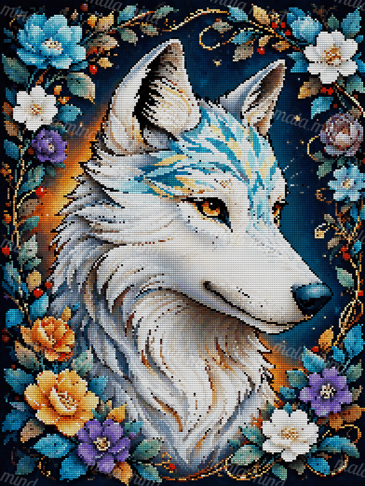 White wolf with amber eyes and blue-gold markings framed by colorful flowers against a starry navy background. — 04_diamond_render