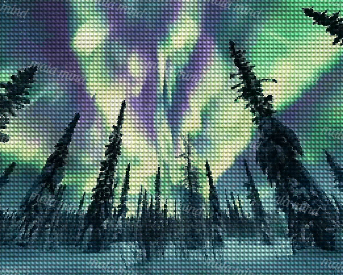 Green and purple aurora above a snowy conifer forest beneath a starry night sky — 04_diamond_render