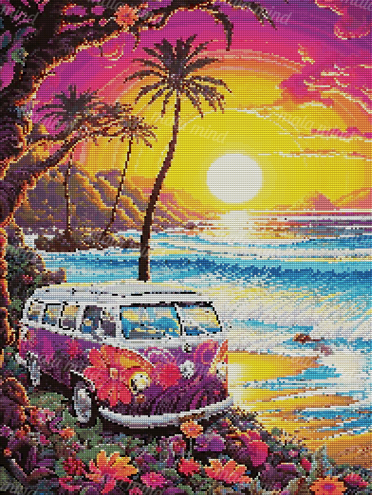 Flower-covered vintage van overlooking tropical waves and a glowing sunset — 04_diamond_render