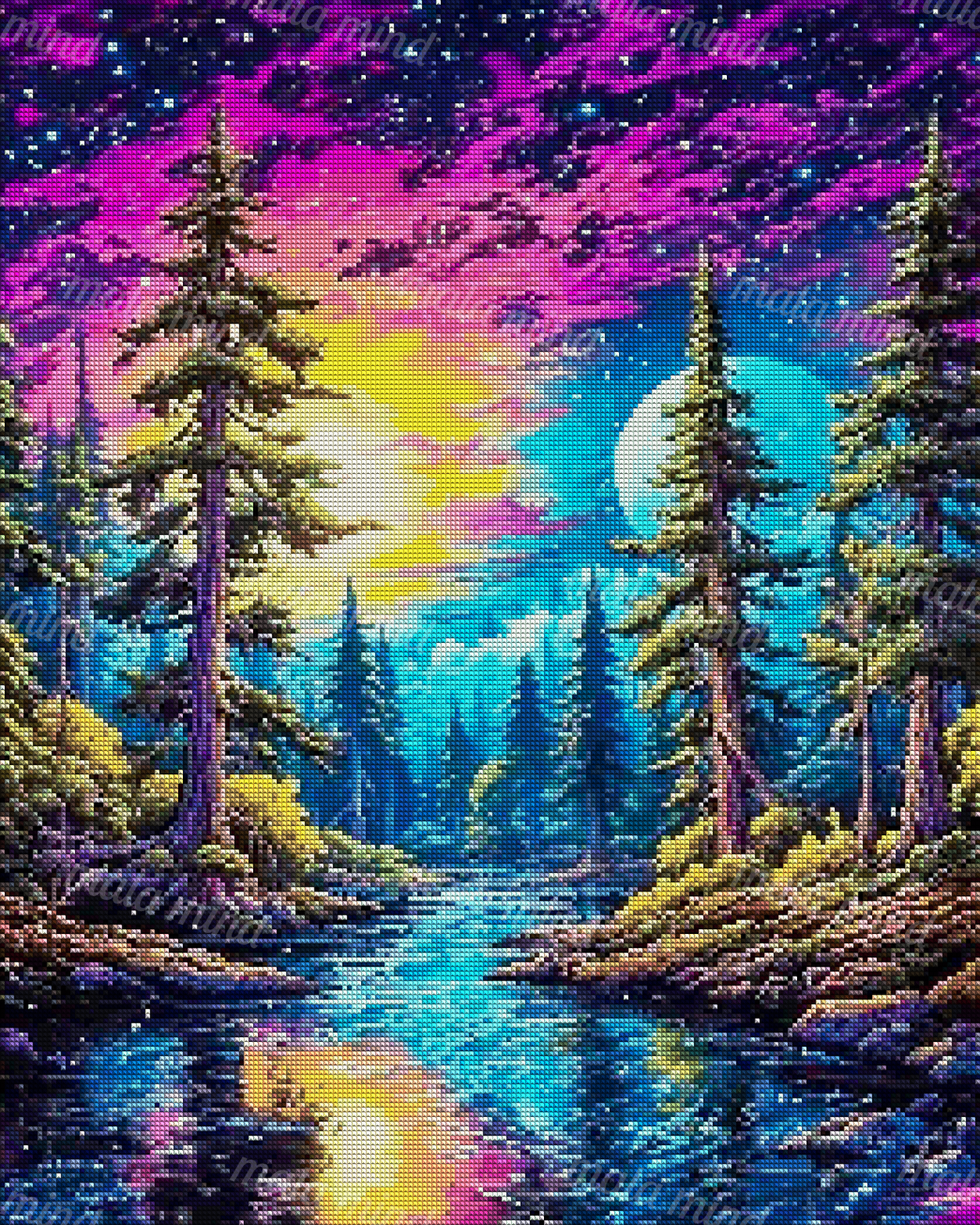 Colorful evergreen forest surrounding a reflective stream beneath stars and a large turquoise moon — 04_diamond_render