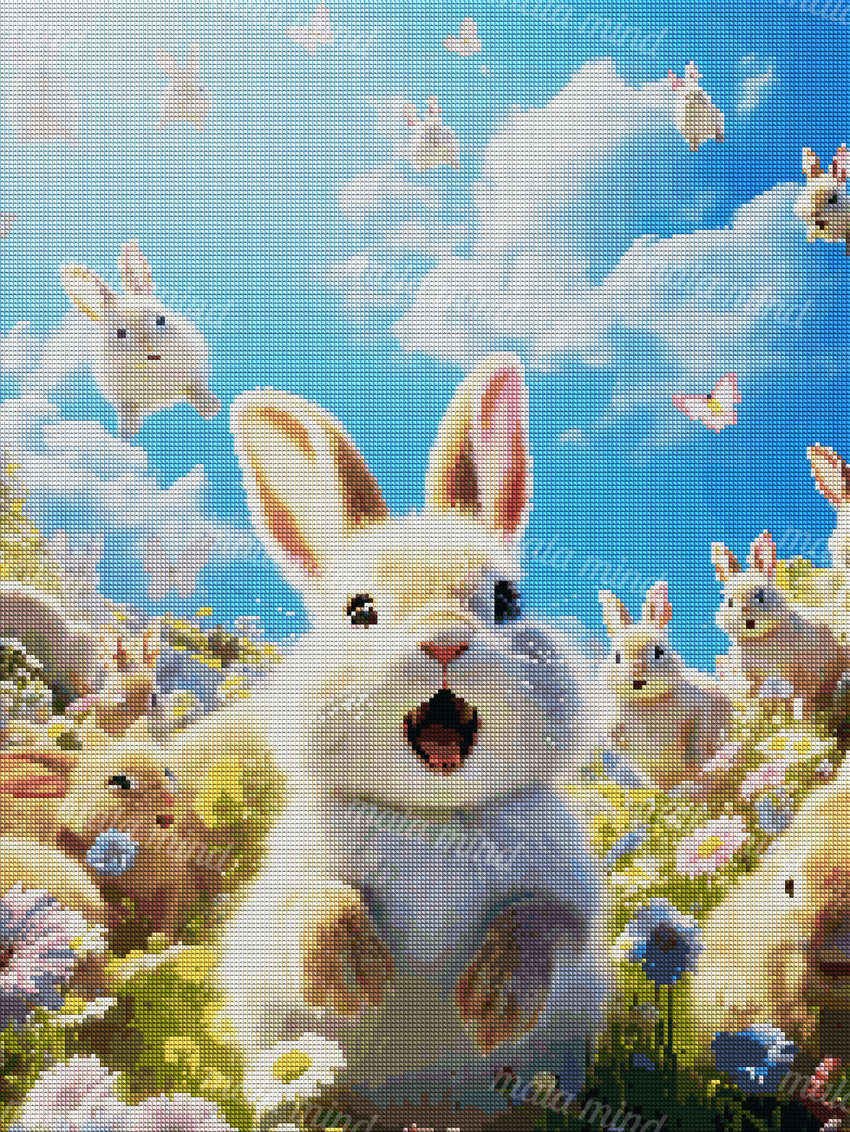 Large white rabbit in a flower meadow with smaller rabbits, butterflies, and a bright blue sky — 04_diamond_render