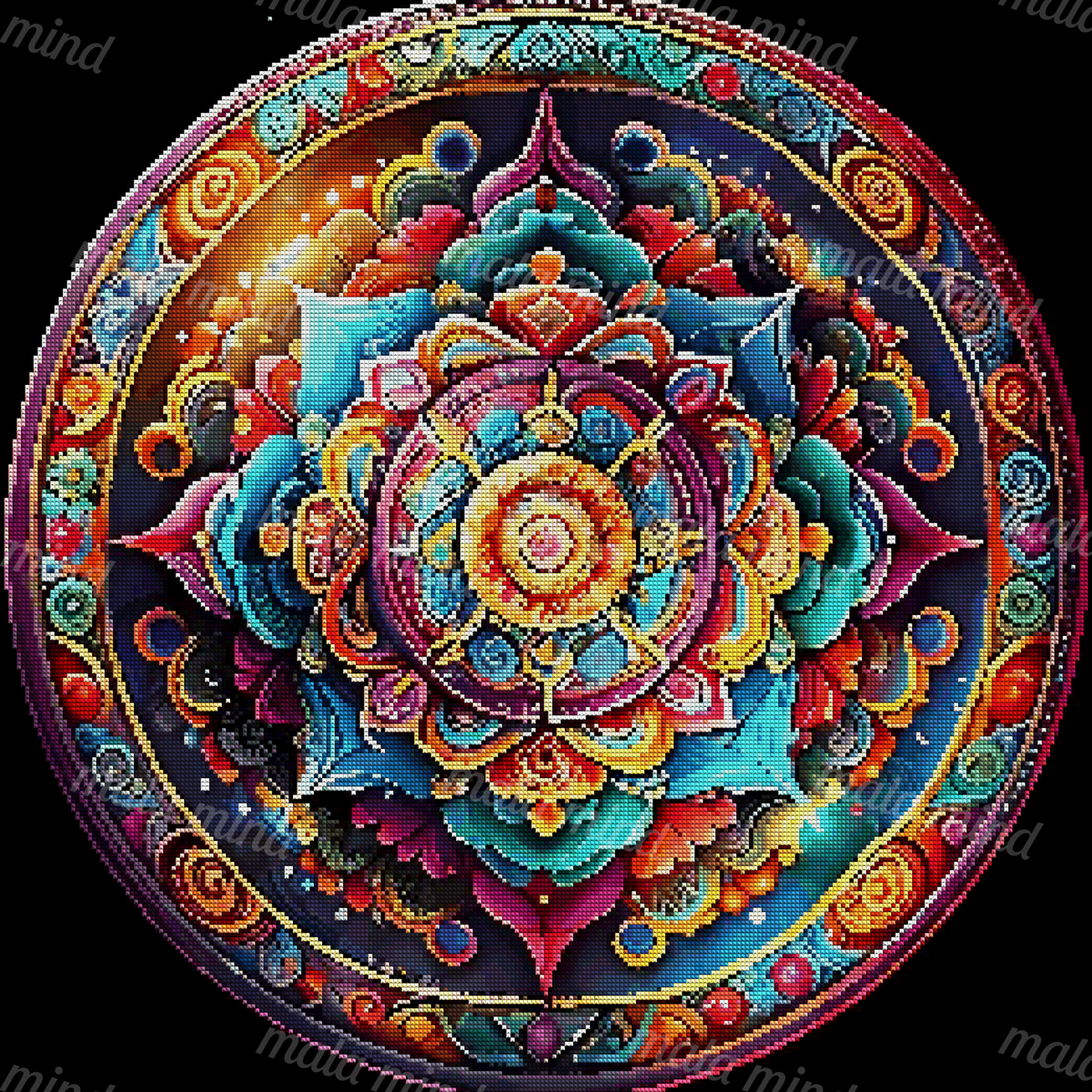 Bright circular floral mandala with colorful petals, spirals, geometric motifs, and concentric borders on black. — 04_diamond_render