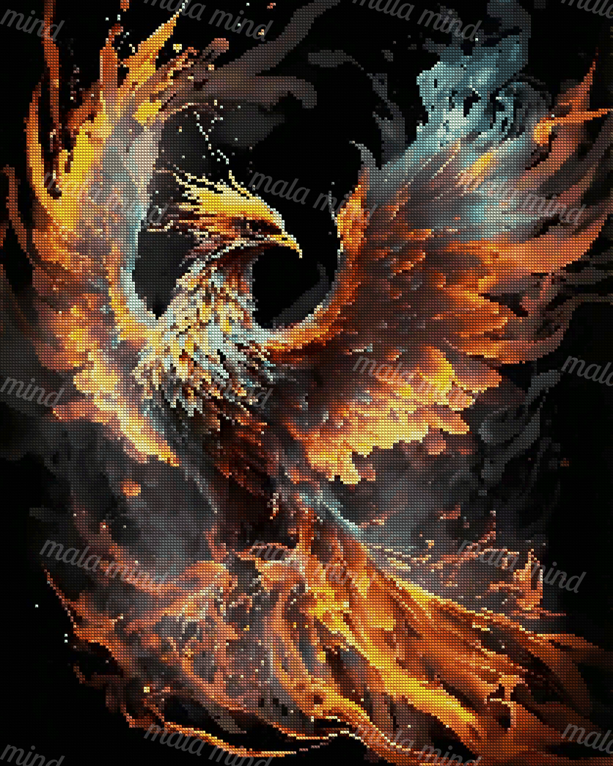 Fiery phoenix with multicolored wings, flames, smoke, and glowing embers against a black background — 04_diamond_render
