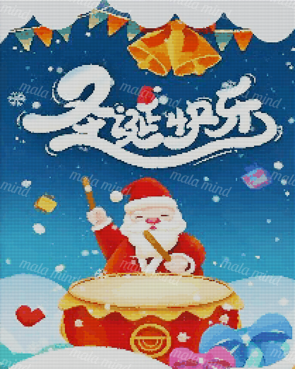 Cartoon Santa plays a large red and gold drum beneath bells, flags, calligraphy, and falling snow. — 04_diamond_render