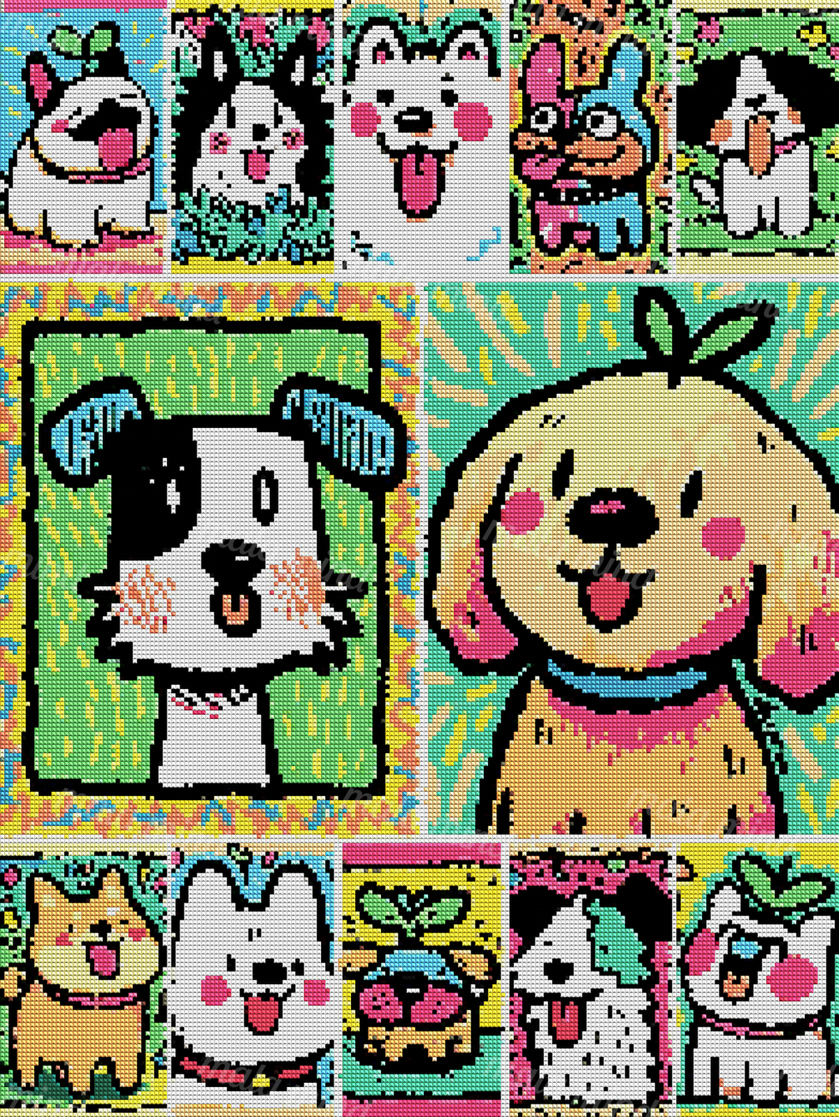 Colorful cartoon dogs and cat-like animals arranged in bold decorative panels — 04_diamond_render