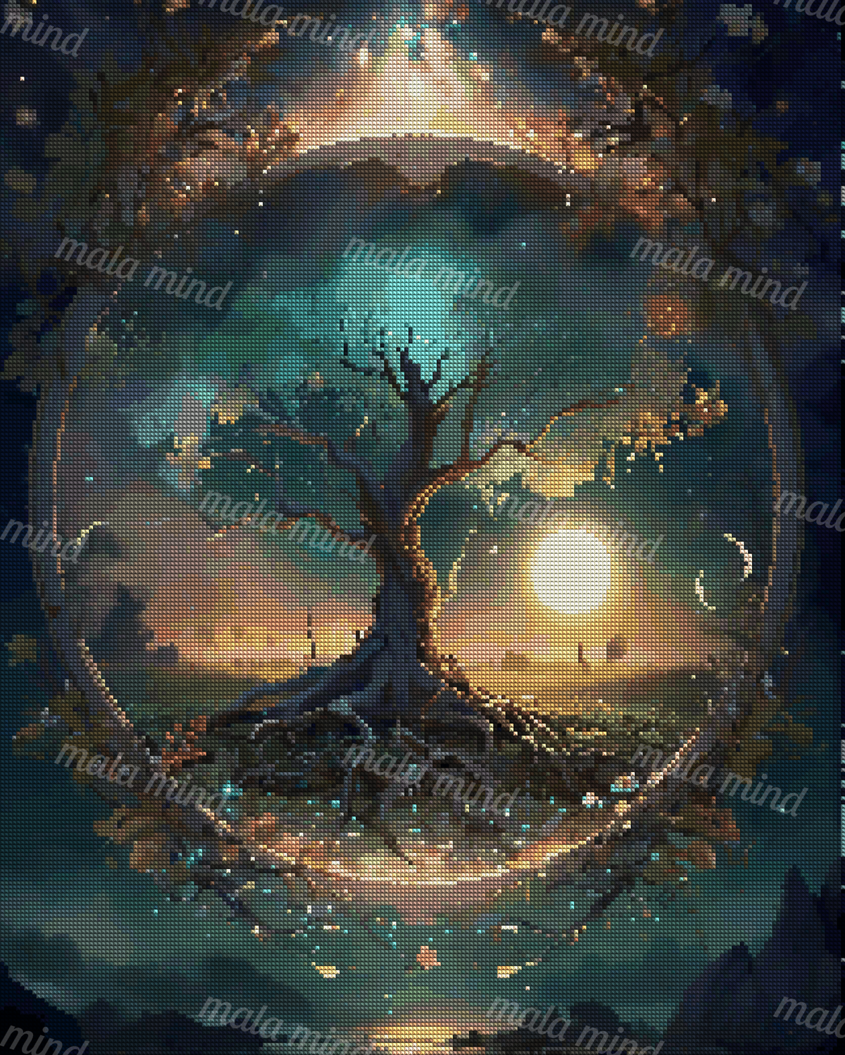 Moonlit ancient tree with exposed roots, glowing stars, vines, distant hills, and a full moon — 04_diamond_render