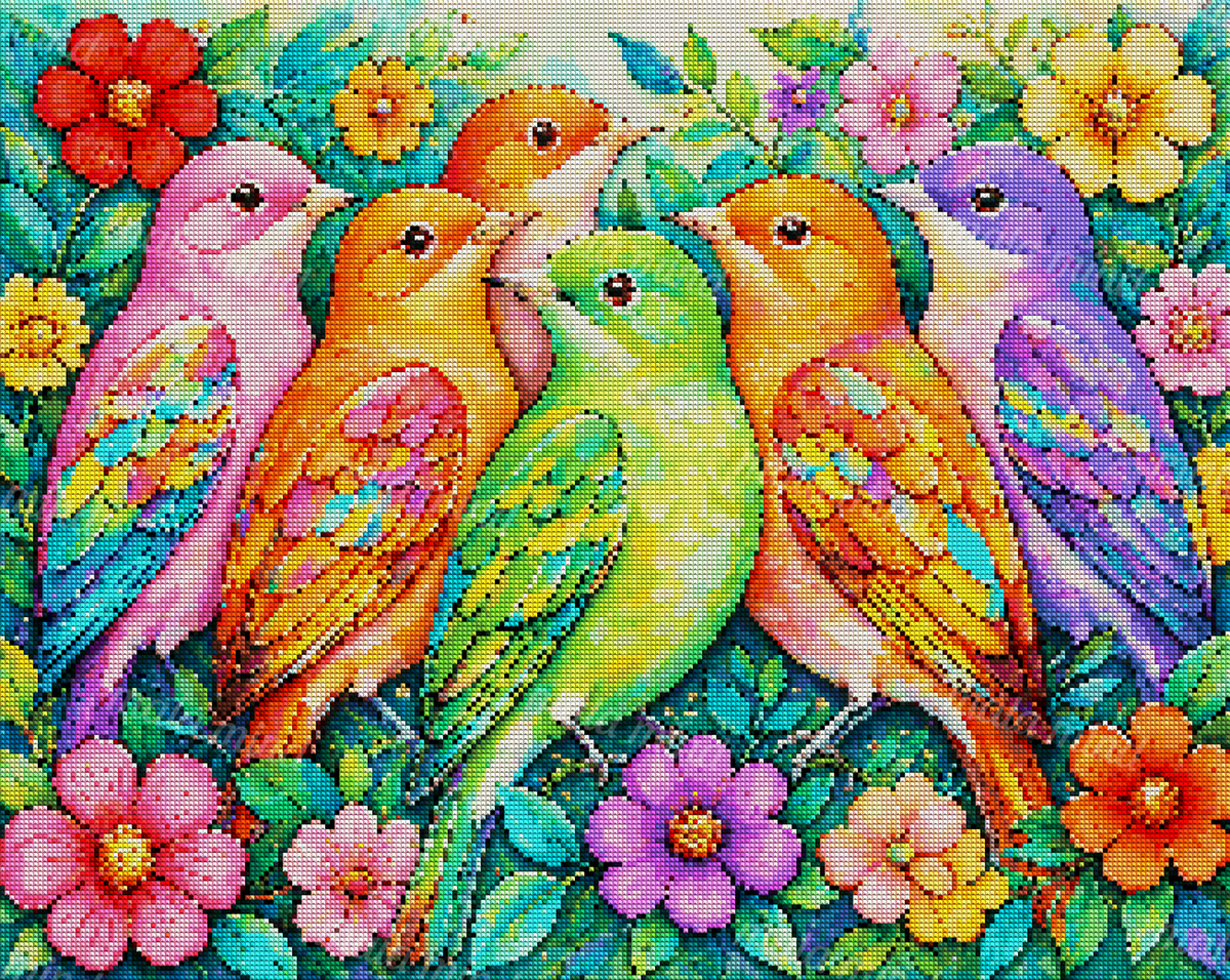 Six colorful birds surrounded by bright flowers, green leaves, and branches in a vivid garden illustration — 04_diamond_render