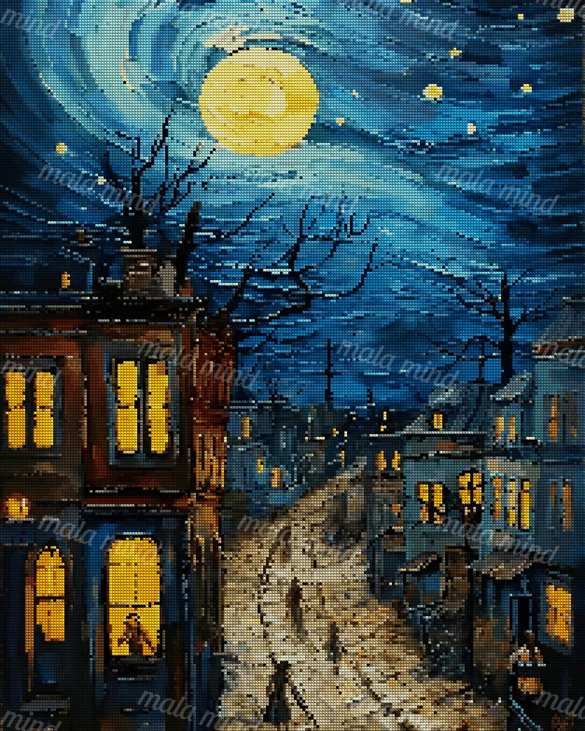Moonlit cobblestone village street with glowing windows, bare trees, stars, and a large golden moon — 04_diamond_render