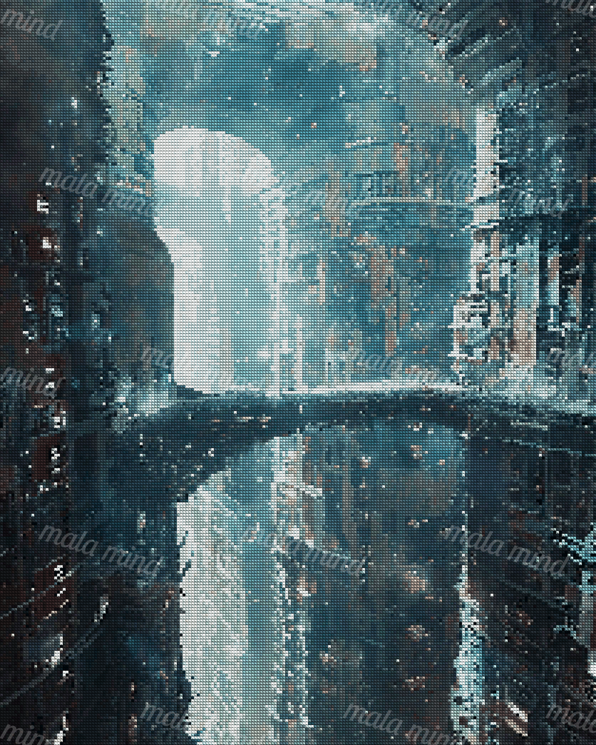 Teal futuristic city canyon with towering buildings, layered bridges, glowing windows, and misty light — 04_diamond_render