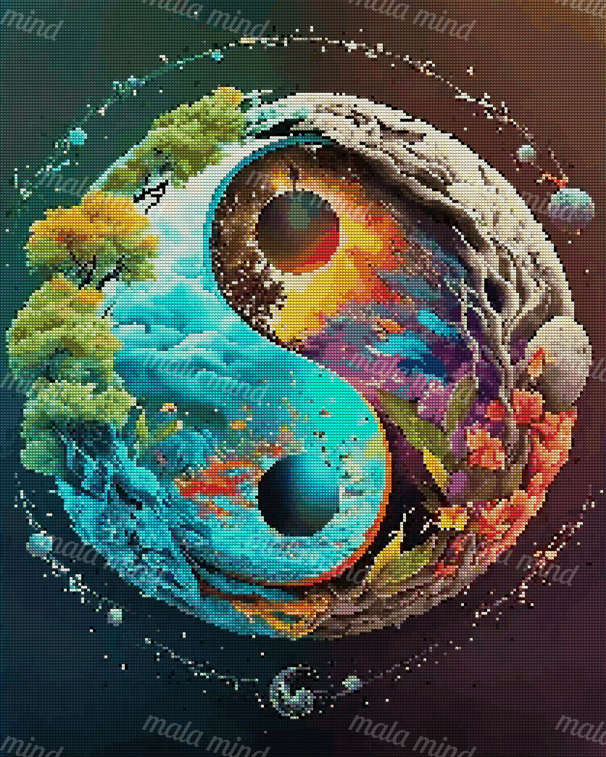 Surreal yin-yang cosmic landscape with trees, flowers, planets, water, and glowing orange and turquoise regions — 04_diamond_render