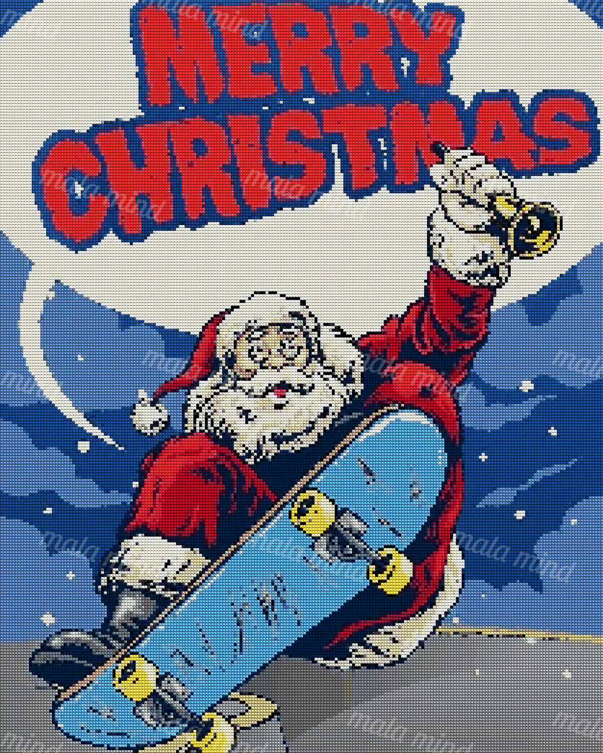 Comic-style Santa skateboards with a trumpet beneath large Merry Christmas lettering. — 04_diamond_render
