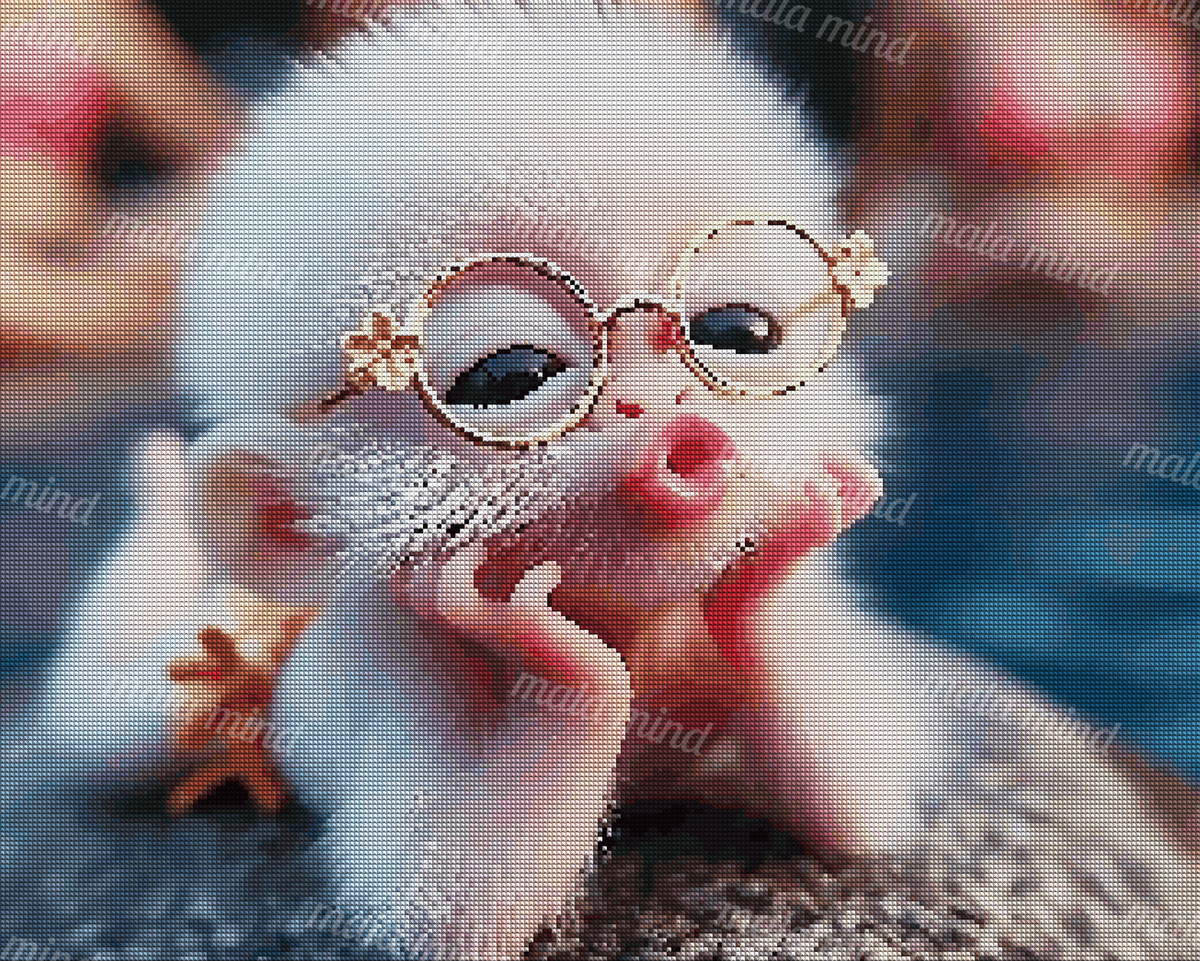 White-furred monkey wearing round gold glasses and resting its hands near its cheeks — 04_diamond_render