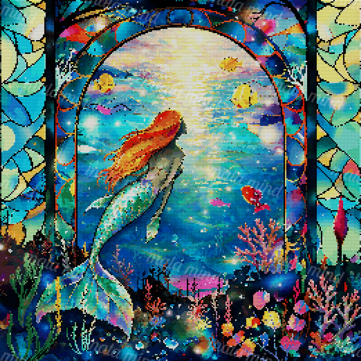 Red-haired mermaid with a green tail swimming through a colorful stained-glass coral reef scene — 04_diamond_render