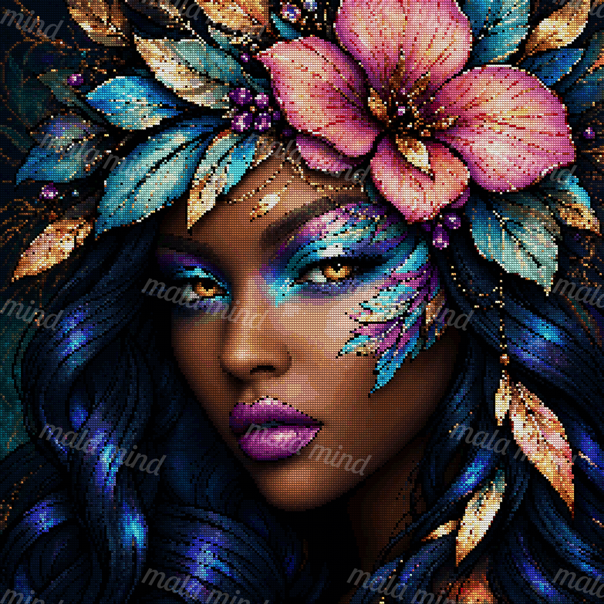 Close-up woman portrait with pink flowers, blue leaves, gemstones, feathers, and dark blue hair — 04_diamond_render