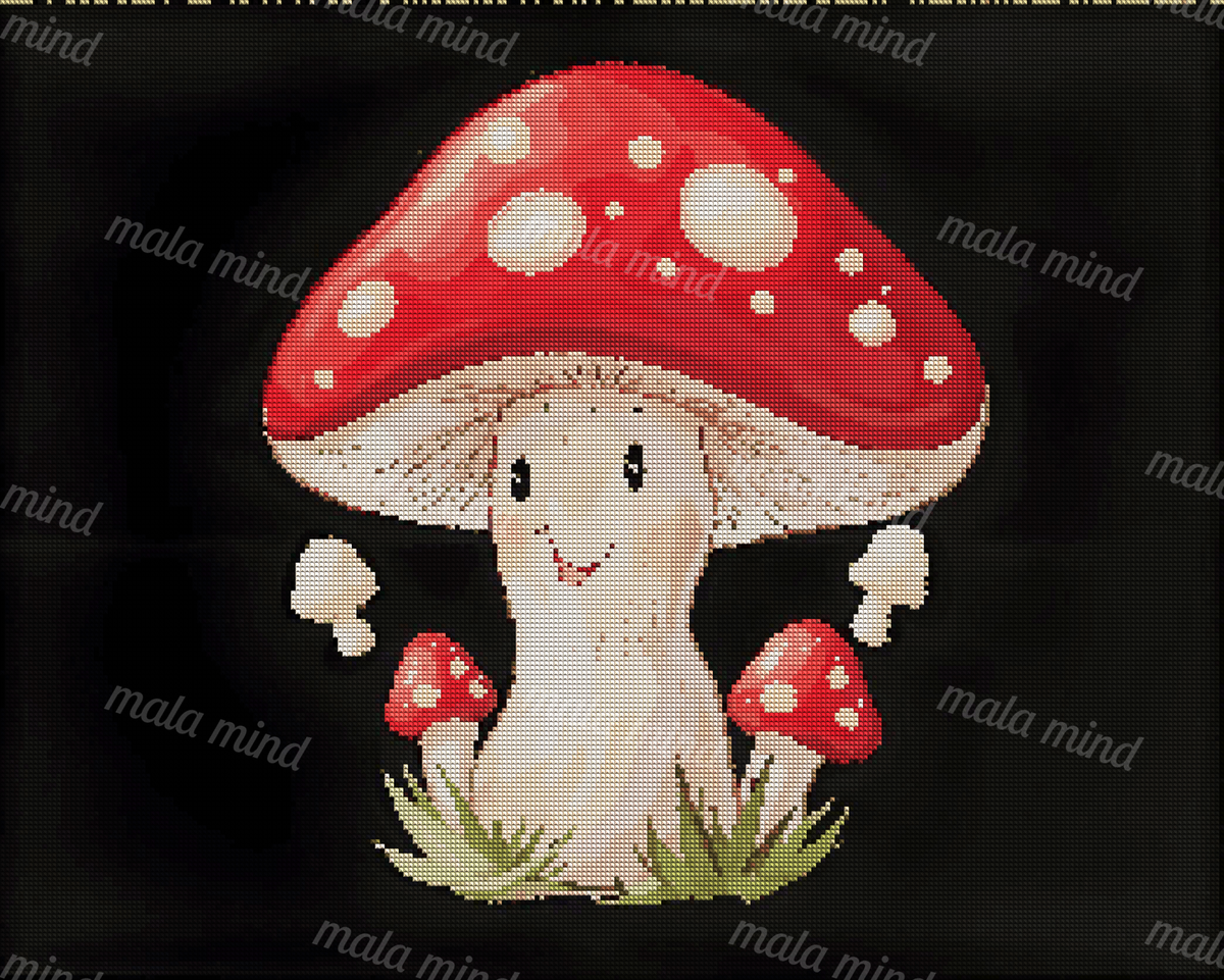 Smiling red-capped mushroom character surrounded by smaller mushrooms and grass on a black background — 04_diamond_render